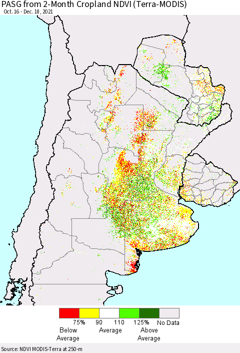 Southern South America PASG from 2-Month Cropland NDVI (Terra-MODIS) Thematic Map For 12/11/2021 - 12/18/2021