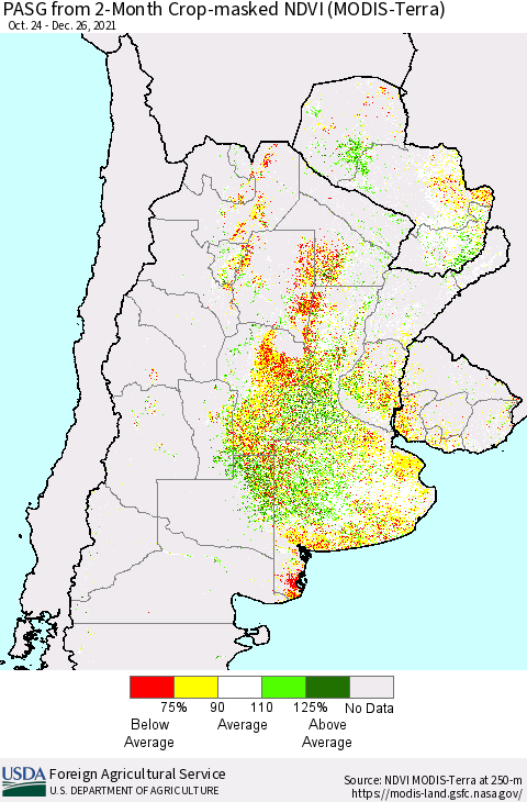 Southern South America PASG from 2-Month Cropland NDVI (Terra-MODIS) Thematic Map For 12/21/2021 - 12/31/2021