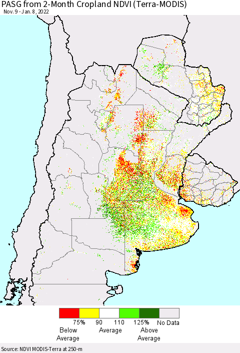 Southern South America PASG from 2-Month Cropland NDVI (Terra-MODIS) Thematic Map For 1/1/2022 - 1/8/2022