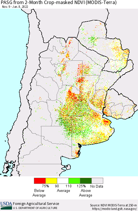 Southern South America PASG from 2-Month Cropland NDVI (Terra-MODIS) Thematic Map For 1/1/2022 - 1/10/2022