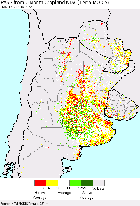Southern South America PASG from 2-Month Cropland NDVI (Terra-MODIS) Thematic Map For 1/9/2022 - 1/16/2022