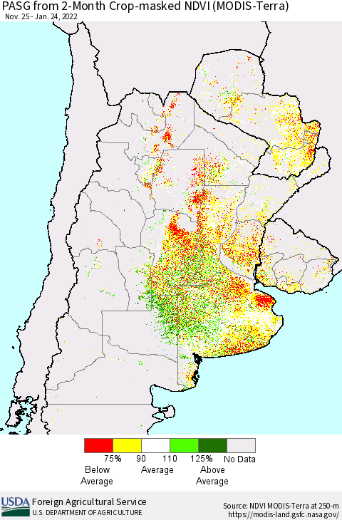 Southern South America PASG from 2-Month Cropland NDVI (Terra-MODIS) Thematic Map For 1/21/2022 - 1/31/2022