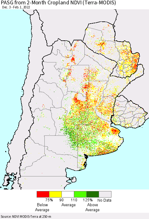 Southern South America PASG from 2-Month Cropland NDVI (Terra-MODIS) Thematic Map For 1/25/2022 - 2/1/2022