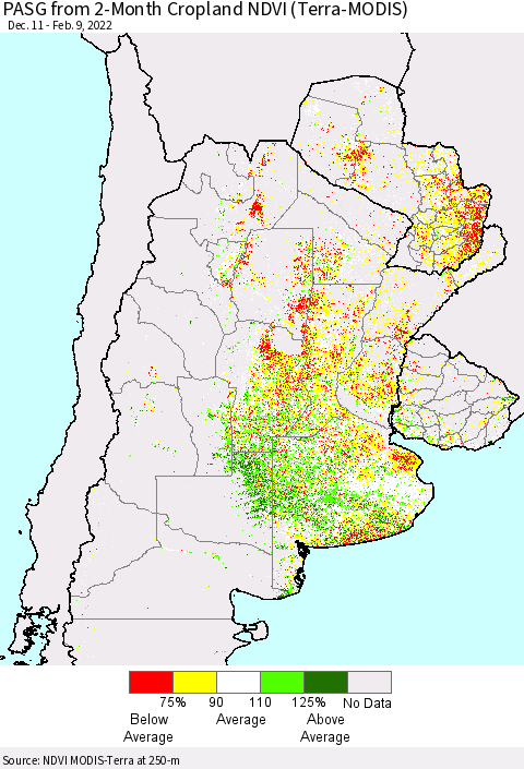 Southern South America PASG from 2-Month Cropland NDVI (Terra-MODIS) Thematic Map For 2/2/2022 - 2/9/2022