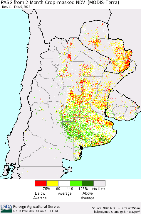 Southern South America PASG from 2-Month Cropland NDVI (Terra-MODIS) Thematic Map For 2/1/2022 - 2/10/2022