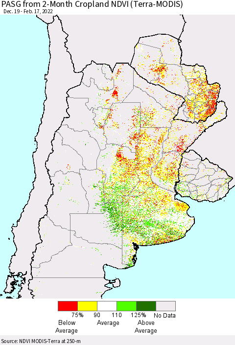Southern South America PASG from 2-Month Cropland NDVI (Terra-MODIS) Thematic Map For 2/10/2022 - 2/17/2022