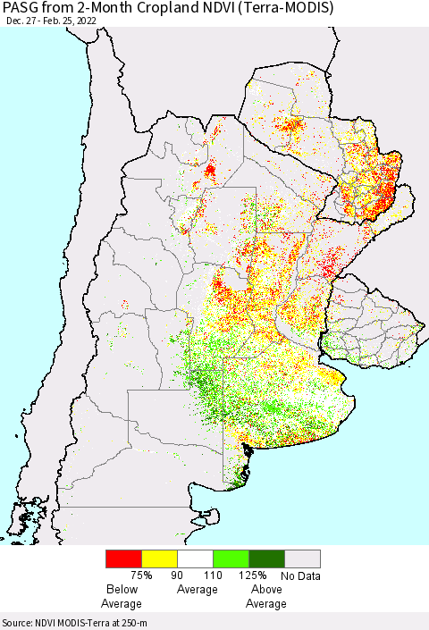 Southern South America PASG from 2-Month Cropland NDVI (Terra-MODIS) Thematic Map For 2/18/2022 - 2/25/2022