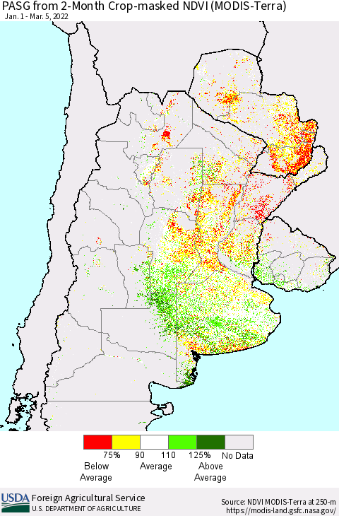 Southern South America PASG from 2-Month Cropland NDVI (Terra-MODIS) Thematic Map For 3/1/2022 - 3/10/2022