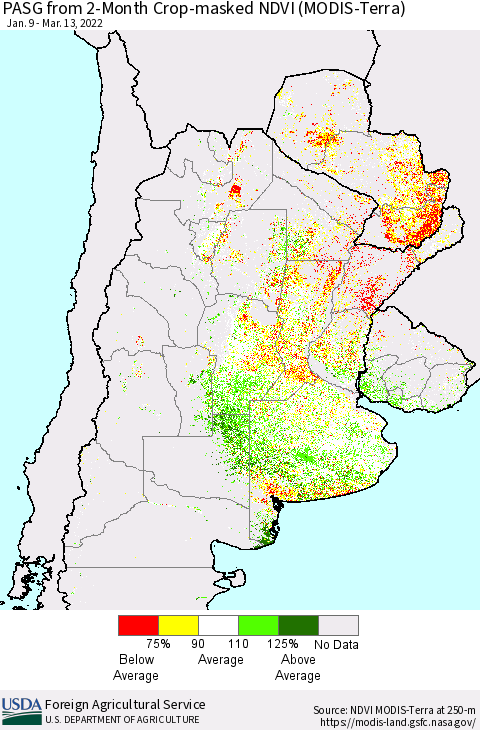 Southern South America PASG from 2-Month Cropland NDVI (Terra-MODIS) Thematic Map For 3/11/2022 - 3/20/2022