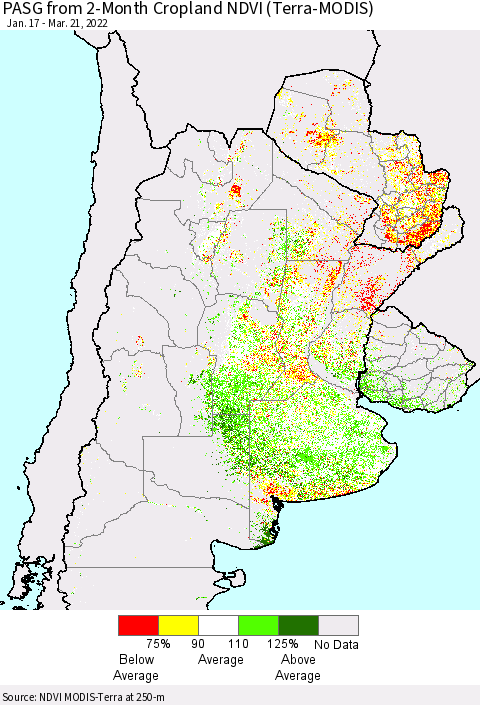 Southern South America PASG from 2-Month Cropland NDVI (Terra-MODIS) Thematic Map For 3/14/2022 - 3/21/2022