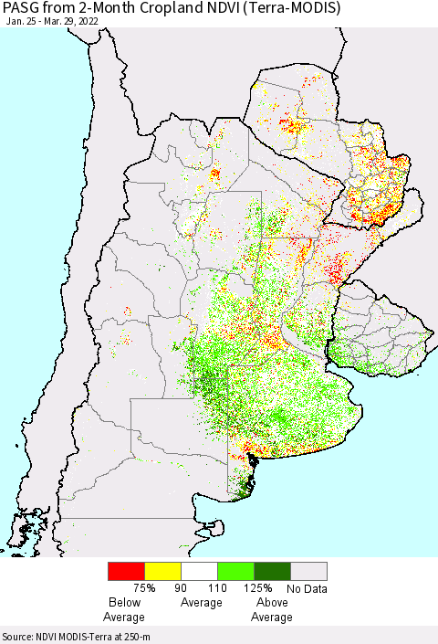 Southern South America PASG from 2-Month Cropland NDVI (Terra-MODIS) Thematic Map For 3/22/2022 - 3/29/2022