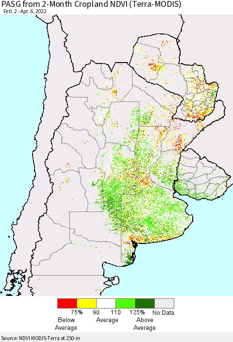Southern South America PASG from 2-Month Cropland NDVI (Terra-MODIS) Thematic Map For 3/30/2022 - 4/6/2022