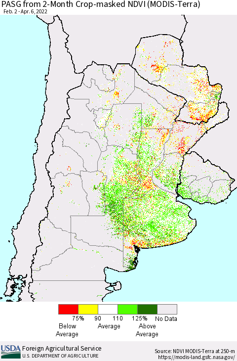 Southern South America PASG from 2-Month Cropland NDVI (Terra-MODIS) Thematic Map For 4/1/2022 - 4/10/2022