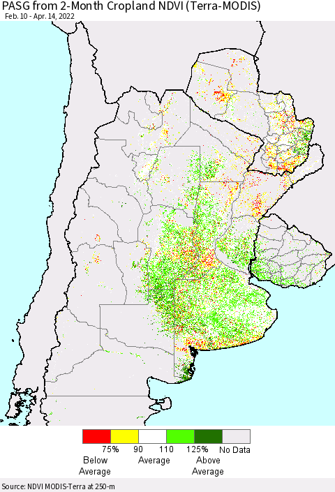 Southern South America PASG from 2-Month Cropland NDVI (Terra-MODIS) Thematic Map For 4/7/2022 - 4/14/2022