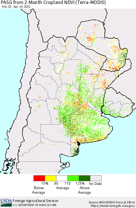 Southern South America PASG from 2-Month Cropland NDVI (Terra-MODIS) Thematic Map For 4/11/2022 - 4/20/2022