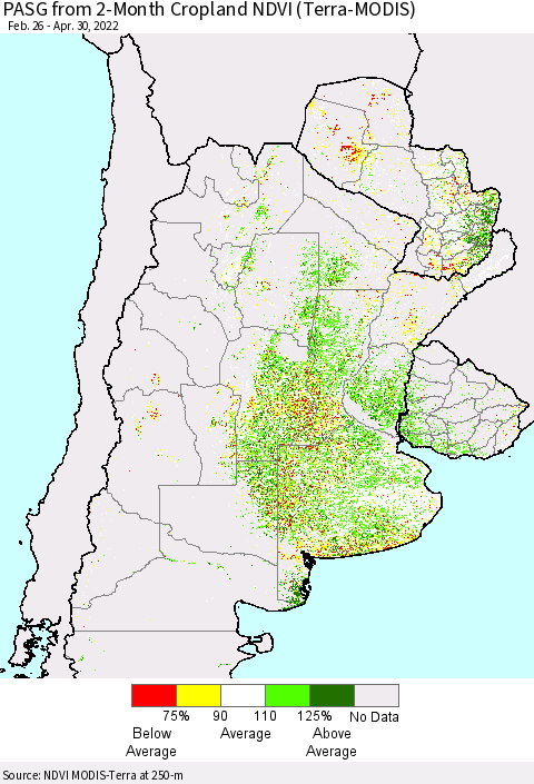 Southern South America PASG from 2-Month Cropland NDVI (Terra-MODIS) Thematic Map For 4/21/2022 - 4/30/2022