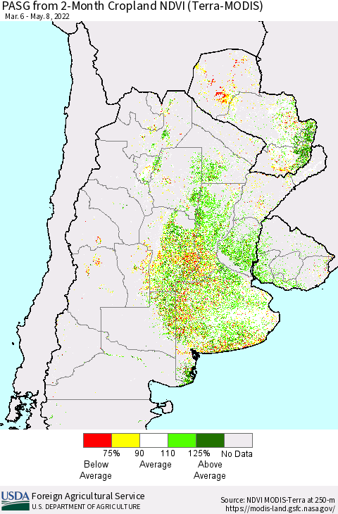 Southern South America PASG from 2-Month Cropland NDVI (Terra-MODIS) Thematic Map For 5/1/2022 - 5/10/2022