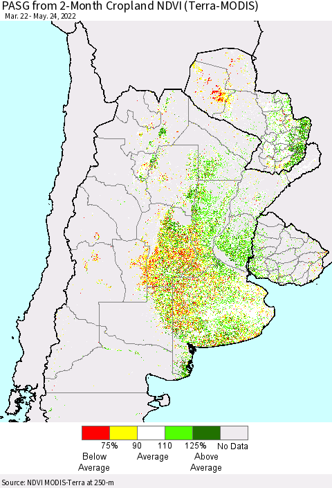 Southern South America PASG from 2-Month Cropland NDVI (Terra-MODIS) Thematic Map For 5/17/2022 - 5/24/2022