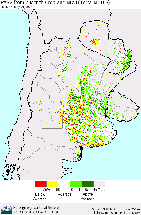 Southern South America PASG from 2-Month Cropland NDVI (Terra-MODIS) Thematic Map For 5/21/2022 - 5/31/2022