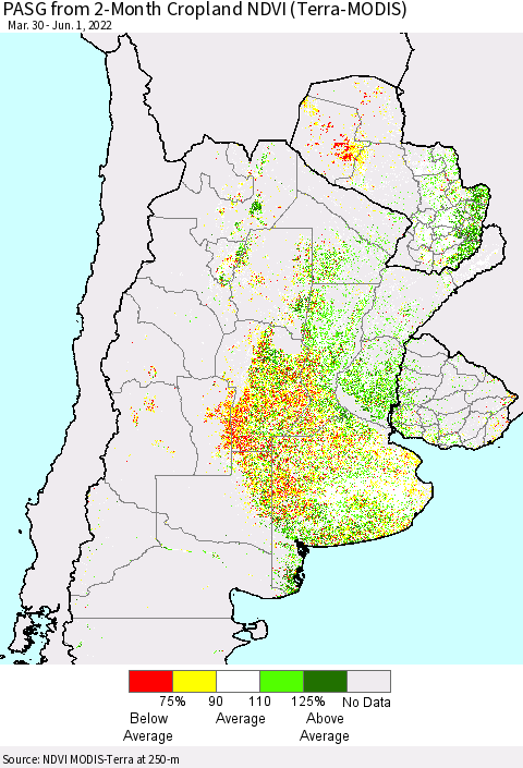 Southern South America PASG from 2-Month Cropland NDVI (Terra-MODIS) Thematic Map For 5/25/2022 - 6/1/2022