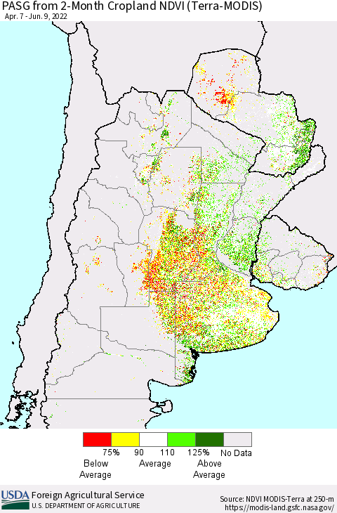 Southern South America PASG from 2-Month Cropland NDVI (Terra-MODIS) Thematic Map For 6/1/2022 - 6/10/2022
