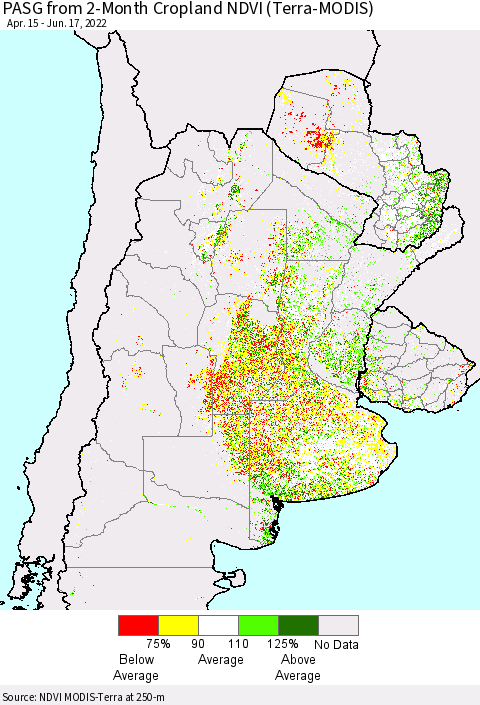 Southern South America PASG from 2-Month Cropland NDVI (Terra-MODIS) Thematic Map For 6/10/2022 - 6/17/2022