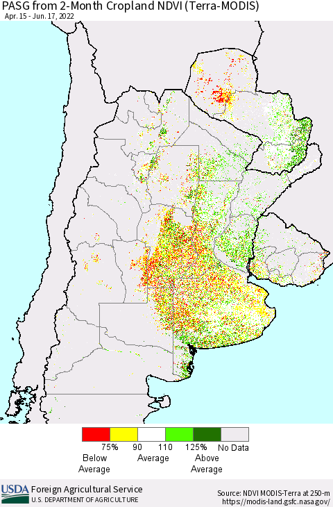 Southern South America PASG from 2-Month Cropland NDVI (Terra-MODIS) Thematic Map For 6/11/2022 - 6/20/2022