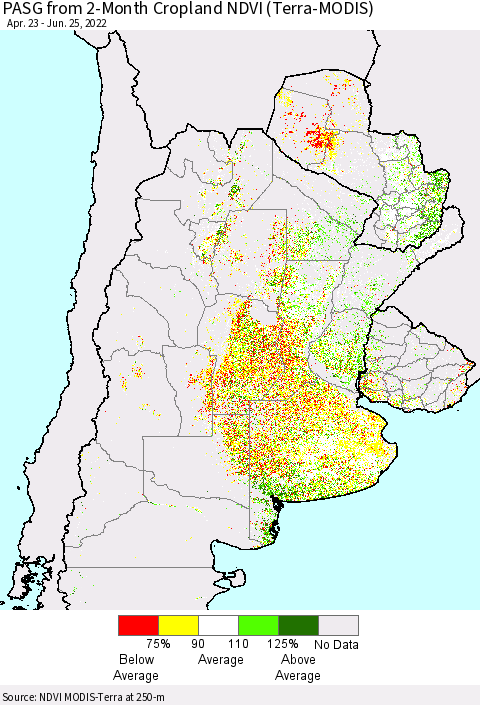 Southern South America PASG from 2-Month Cropland NDVI (Terra-MODIS) Thematic Map For 6/18/2022 - 6/25/2022