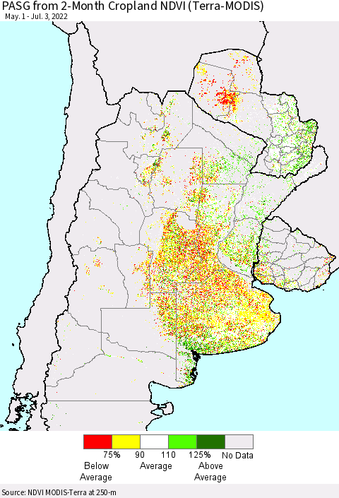 Southern South America PASG from 2-Month Cropland NDVI (Terra-MODIS) Thematic Map For 6/26/2022 - 7/3/2022