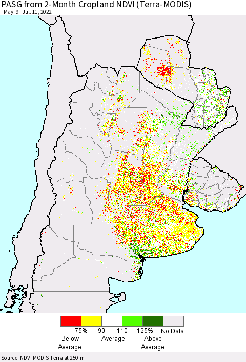 Southern South America PASG from 2-Month Cropland NDVI (Terra-MODIS) Thematic Map For 7/4/2022 - 7/11/2022