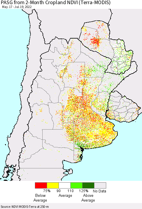 Southern South America PASG from 2-Month Cropland NDVI (Terra-MODIS) Thematic Map For 7/12/2022 - 7/19/2022