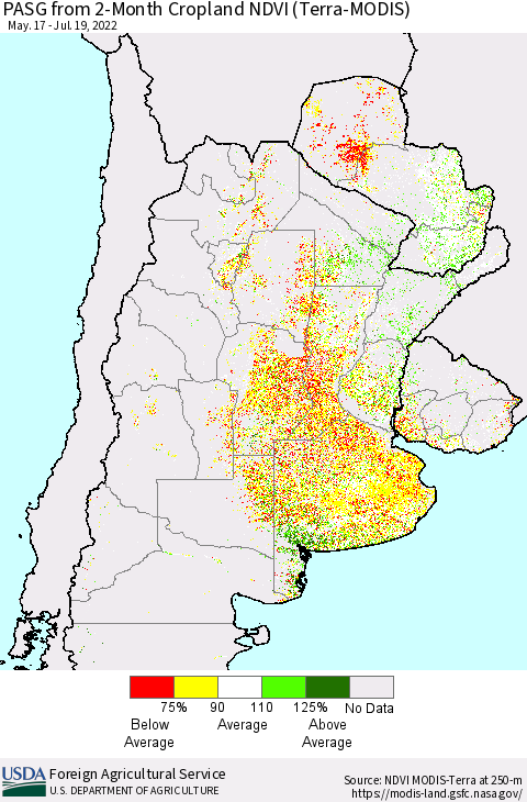 Southern South America PASG from 2-Month Cropland NDVI (Terra-MODIS) Thematic Map For 7/11/2022 - 7/20/2022