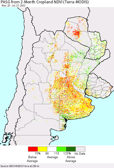 Southern South America PASG from 2-Month Cropland NDVI (Terra-MODIS) Thematic Map For 7/20/2022 - 7/27/2022