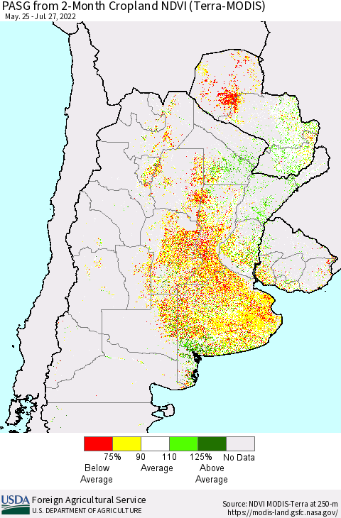 Southern South America PASG from 2-Month Cropland NDVI (Terra-MODIS) Thematic Map For 7/21/2022 - 7/31/2022