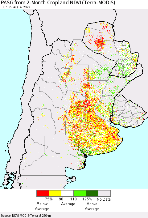 Southern South America PASG from 2-Month Cropland NDVI (Terra-MODIS) Thematic Map For 7/28/2022 - 8/4/2022