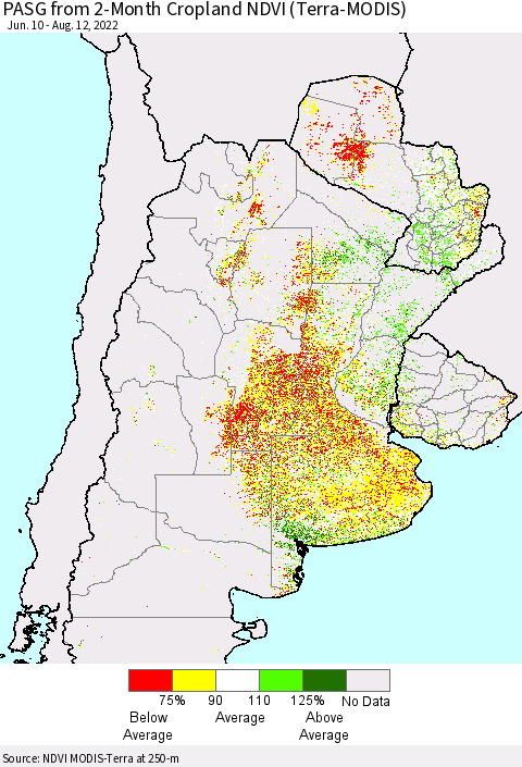 Southern South America PASG from 2-Month Cropland NDVI (Terra-MODIS) Thematic Map For 8/5/2022 - 8/12/2022