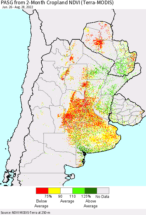 Southern South America PASG from 2-Month Cropland NDVI (Terra-MODIS) Thematic Map For 8/21/2022 - 8/28/2022