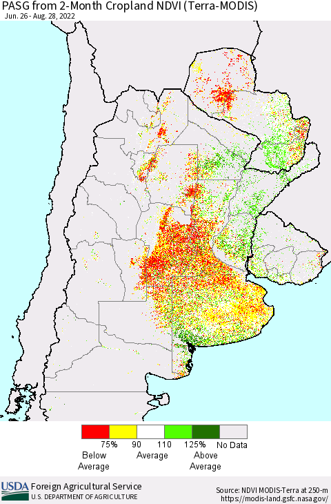 Southern South America PASG from 2-Month Cropland NDVI (Terra-MODIS) Thematic Map For 8/21/2022 - 8/31/2022