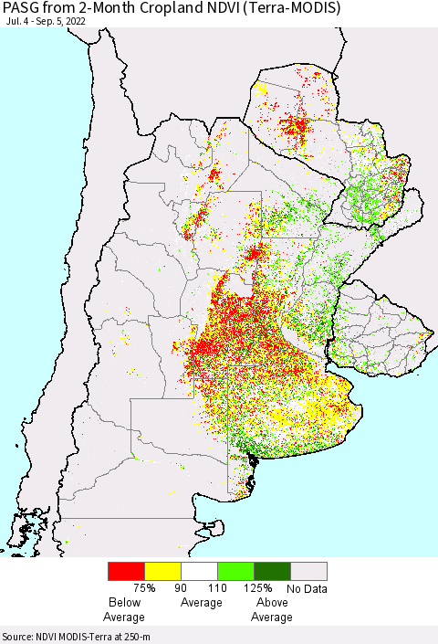 Southern South America PASG from 2-Month Cropland NDVI (Terra-MODIS) Thematic Map For 8/29/2022 - 9/5/2022