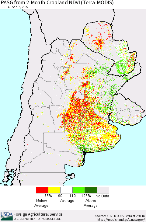 Southern South America PASG from 2-Month Cropland NDVI (Terra-MODIS) Thematic Map For 9/1/2022 - 9/10/2022