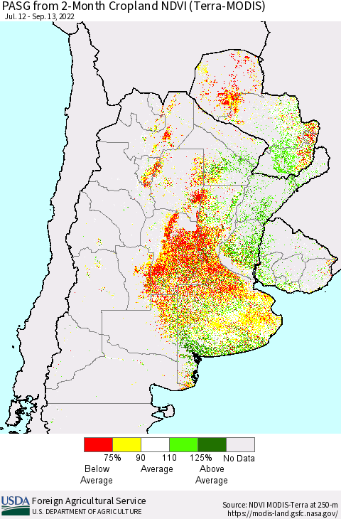 Southern South America PASG from 2-Month Cropland NDVI (Terra-MODIS) Thematic Map For 9/11/2022 - 9/20/2022