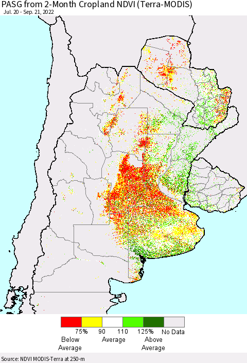 Southern South America PASG from 2-Month Cropland NDVI (Terra-MODIS) Thematic Map For 9/14/2022 - 9/21/2022