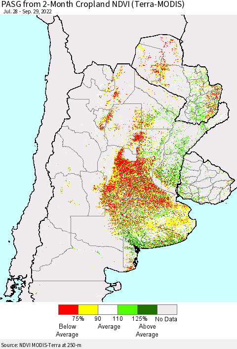 Southern South America PASG from 2-Month Cropland NDVI (Terra-MODIS) Thematic Map For 9/22/2022 - 9/29/2022
