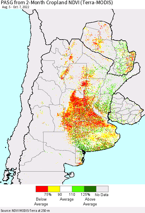 Southern South America PASG from 2-Month Cropland NDVI (Terra-MODIS) Thematic Map For 9/30/2022 - 10/7/2022