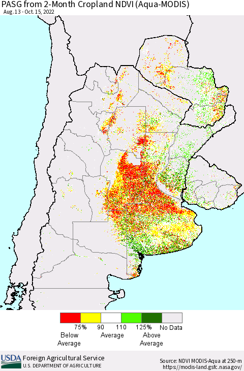 Southern South America PASG from 2-Month Cropland NDVI (Terra-MODIS) Thematic Map For 10/11/2022 - 10/20/2022