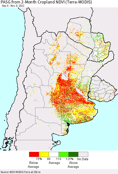 Southern South America PASG from 2-Month Cropland NDVI (Terra-MODIS) Thematic Map For 11/1/2022 - 11/8/2022