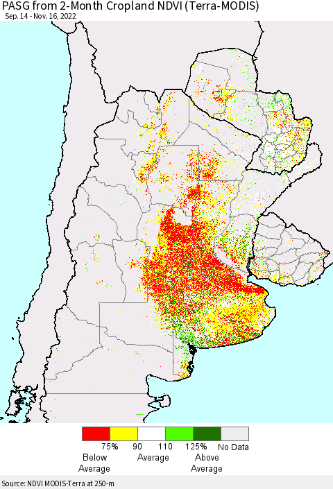 Southern South America PASG from 2-Month Cropland NDVI (Terra-MODIS) Thematic Map For 11/9/2022 - 11/16/2022