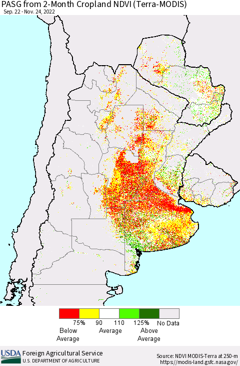 Southern South America PASG from 2-Month Cropland NDVI (Terra-MODIS) Thematic Map For 11/21/2022 - 11/30/2022
