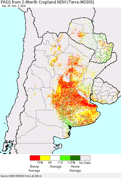 Southern South America PASG from 2-Month Cropland NDVI (Terra-MODIS) Thematic Map For 11/25/2022 - 12/2/2022