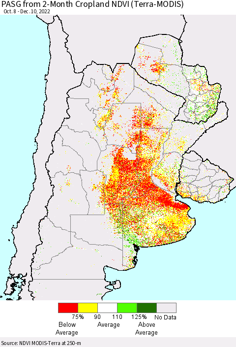 Southern South America PASG from 2-Month Cropland NDVI (Terra-MODIS) Thematic Map For 12/1/2022 - 12/10/2022